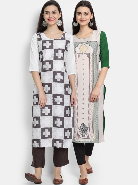 

Ethnic basket Women Pack Of 2 Geometric Digital Printed Crepe Straight Kurta, White