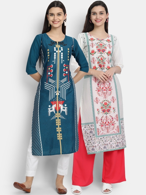 

Ethnic basket Women Pack Of 2 Blue & White Floral Printed Crepe Kurta