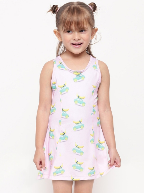 

iO Girls Pink & Green Car Printed A-Line Swimming Dress
