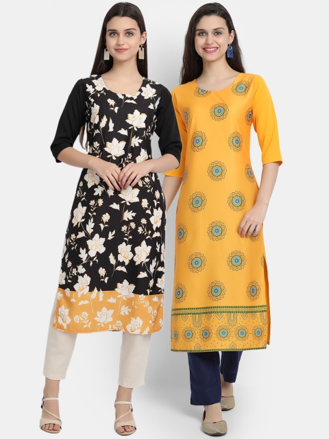 

Ethnic basket Women Pack Of 2 Black & Yellow Ethnic Motifs Printed Crepe Kurtas