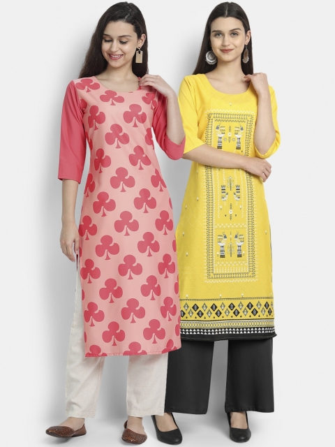 

Ethnic basket Women Pack Of 2 Digitally Printed Crepe Straight Kurta, Pink