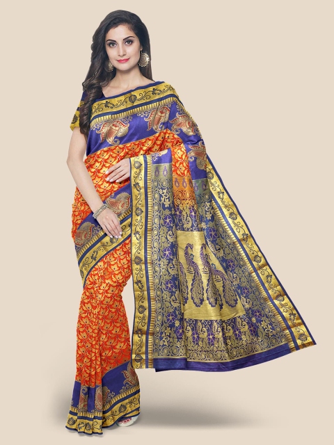 

Kalamandir Orange & Blue Silk Blend Kanjeevaram Saree