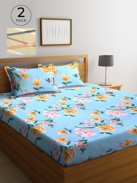 

KLOTTHE Blue & Beige Floral 210 TC 2 King Bedsheet with 4 Pillow Covers
