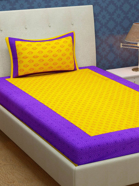 

METRO LIVING Yellow & Purple Ethnic Motifs 104 TC Single Bedsheet with 1 Pillow Covers