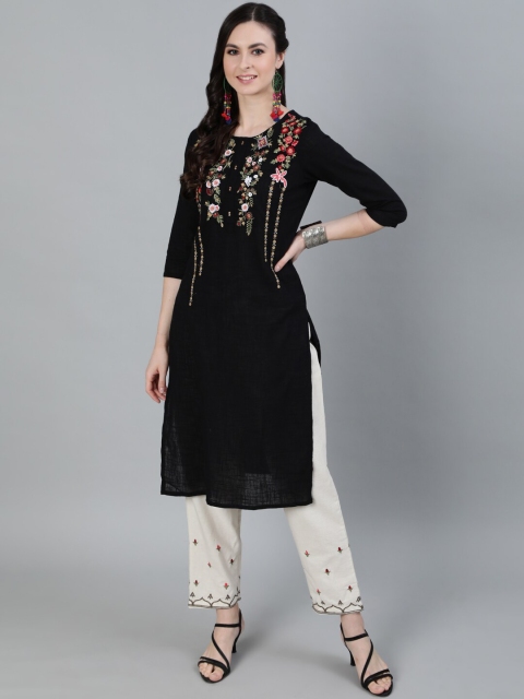 

Ishin DESIGNER STUDIO Women Black Floral Embroidered Pure Cotton Kurti with Trousers