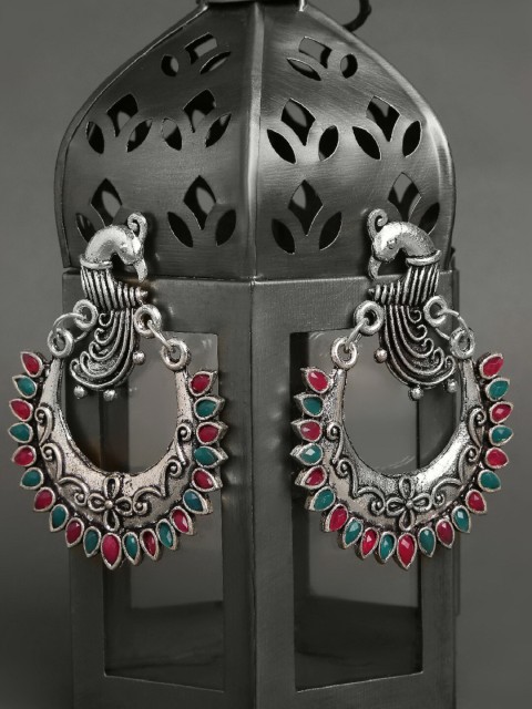 

OOMPH Silver Maroon & green Faux Ruby Studded Peacock Shaped Chandbalis Earrings