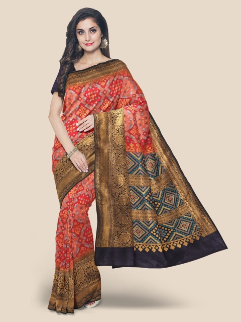 

Kalamandir Red & Navy Blue Ethnic Motifs Zari Silk Blend Banarasi Saree