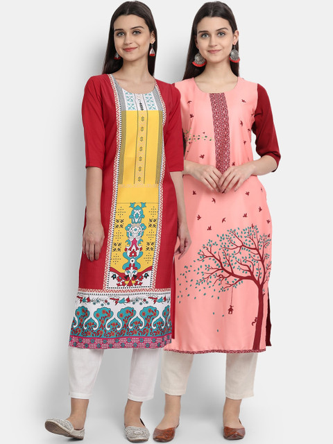 

Ethnic basket Women Pack of 2 Maroon & Pink Printed Crepe Kurta