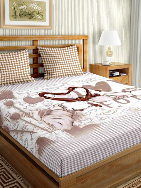 

BELLA CASA Brown & White Graphic 144 TC King Bedsheet with 2 Pillow Covers