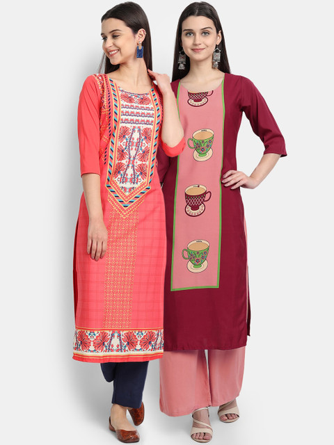 

Ethnic basket Women Pack Of 2 Peach & Maroon Printed Crepe Kurta