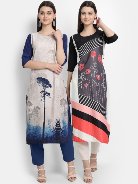 

Ethnic basket Women Multi Geometric Striped Keyhole Neck Thread Work Crepe Kurta