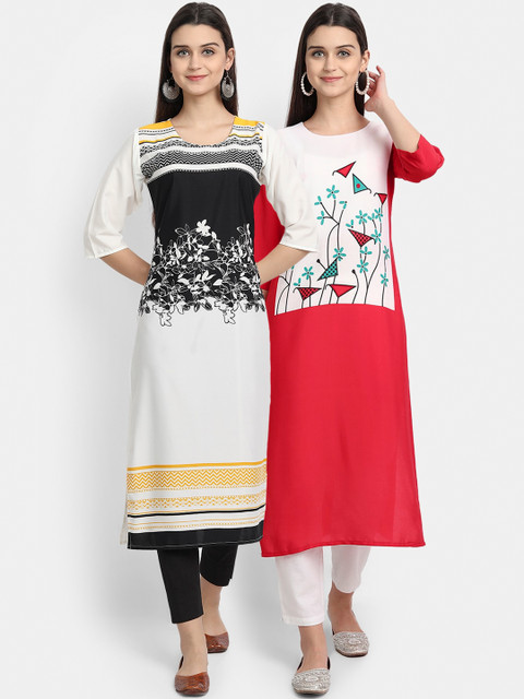 

Ethnic basket Women Pack of 2 Off White & Coral Printed Crepe Kurta