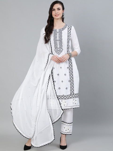 

Ishin DESIGNER STUDIO Women White Floral Embroidered Layered Kurti with Palazzos & With Dupatta