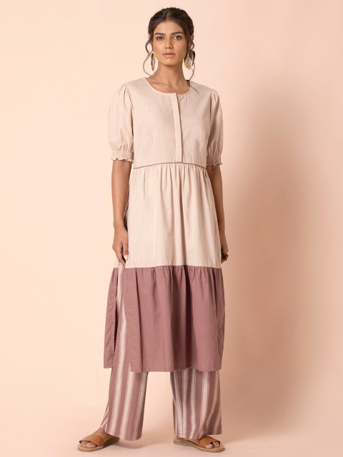 

Earthen BY INDYA Beige Colorblock Tunic and Striped Pants Set