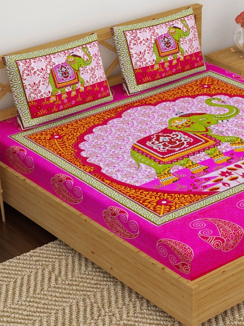 

METRO LIVING Pink & Green Ethnic Motifs 120 TC Cotton Queen Bedsheet with 2 Pillow Covers