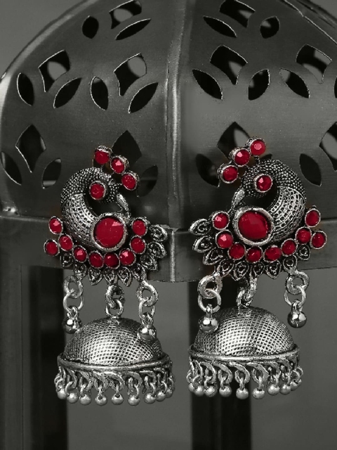 

OOMPH Silver & Maroon Faux Ruby Studded Peacock Shape Jhumkas Earrings