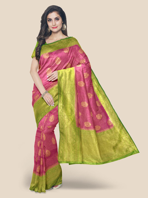 

Kalamandir Pink & Green Floral Zari Silk Blend Banarasi Saree