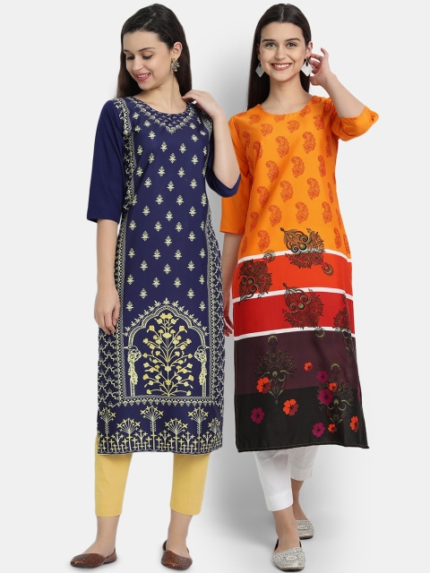 

Ethnic basket Women Multi Quirky Printed Crepe Kurta Pack of 2