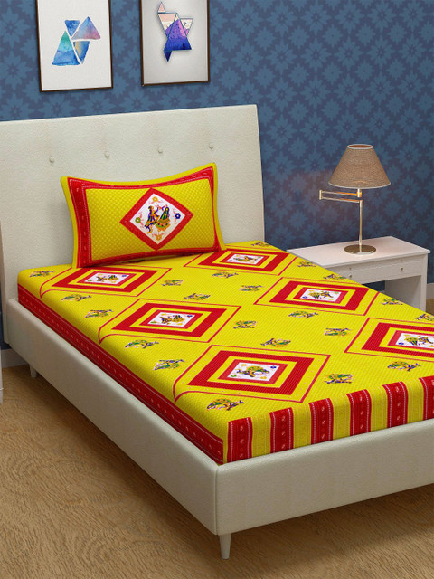 

METRO LIVING Yellow & Red Ethnic Motifs 104 TC Single Bedsheet with 1 Pillow Covers