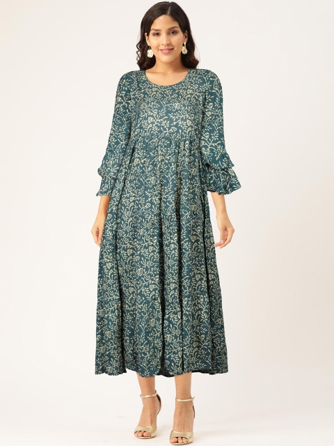 

FLAVIDO Women Teal Ethnic Motifs Printed Bell Sleeves Anarkali Kurta