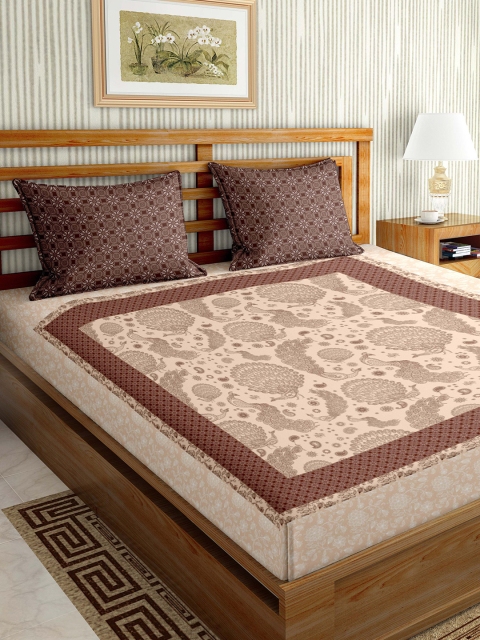 

BELLA CASA Peach & Brown Geometric 144 TC King Bedsheet with 2 Pillow Covers