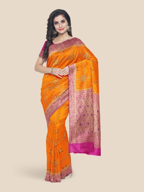 

Kalamandir Orange & Pink Checked Zari Silk Blend Banarasi Saree