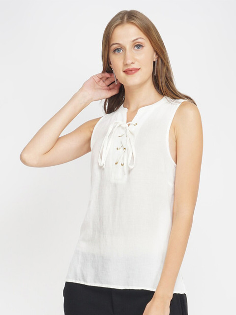 

Oxolloxo Women White Solid Pure Cotton Lace Up Regular Top