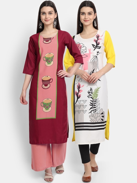 

Ethnic basket Women Pack Of 2 Digitally Printed Crepe Straight Kurta, Maroon