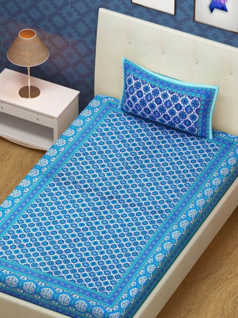 

METRO LIVING Blue & White Ethnic Motifs 104 TC Single Bedsheet with 1 Pillow Covers