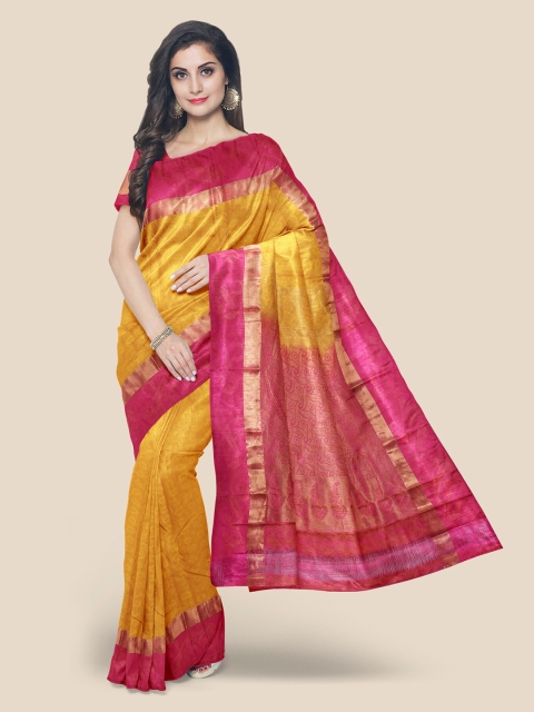 

Kalamandir Mustard & Pink Woven Design Zari Silk Blend Kanjeevaram Saree