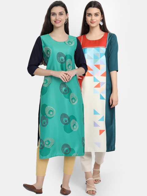 

Ethnic basket Women Pack Of 2 Green & Red Geometric Printed Crepe Kurta