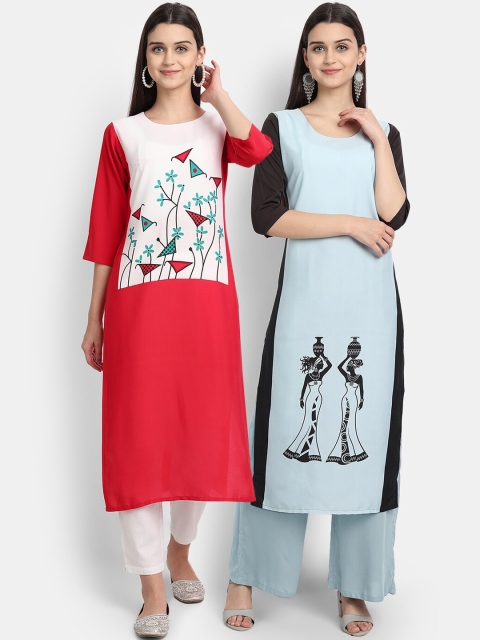 

Ethnic basket Women Pack Of 2 Red & Blue Printed Crepe Kurtas