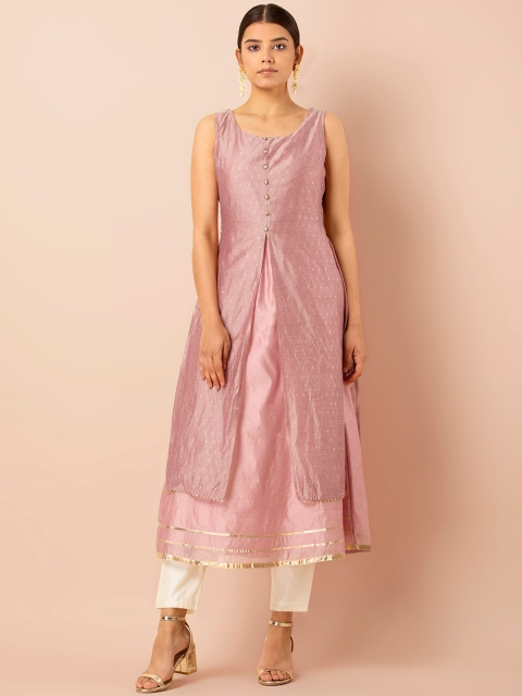 

INDYA Women Foil Layered Kurta and Cigarette Pants Set, Pink