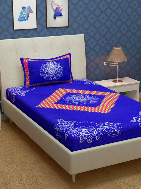 

METRO LIVING Blue Floral 104 TC Cotton Single Bedsheet with 1 Pillow Covers