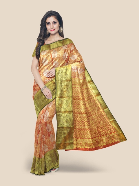 

Kalamandir Orange & Green Floral Zari Silk Blend Kanjeevaram Saree