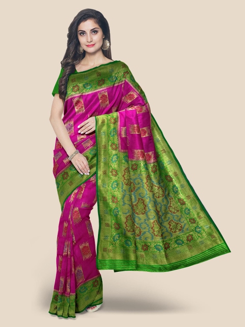 

Kalamandir Pink & Green Floral Zari Silk Blend Banarasi Saree