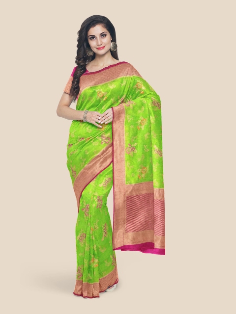 

Kalamandir Lime Green & Pink Floral Zari Silk Blend Banarasi Saree