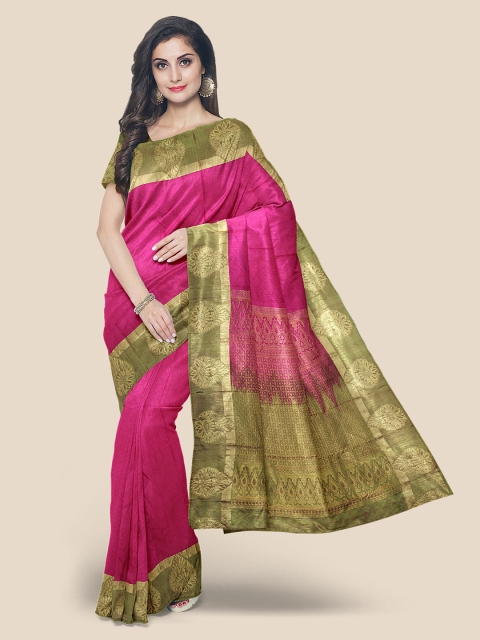 

Kalamandir Pink & Green Silk Blend Kanjeevaram Saree
