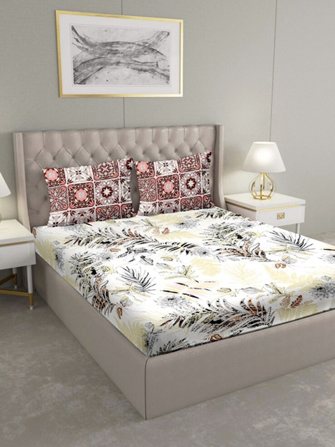 

BELLA CASA White & Grey Floral 180 TC King Bedsheet with 2 Pillow Covers