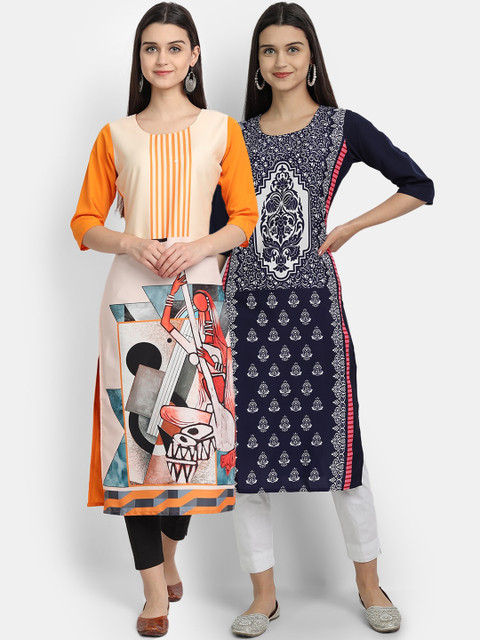 

Ethnic basket Women Pack Of 2 Digital Printed Crepe Straight Kurta, Yellow