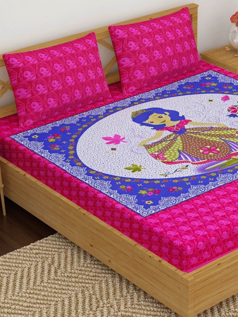

METRO LIVING Pink & Blue Graphic 120 TC Queen Bedsheet with 2 Pillow Covers