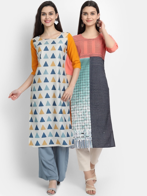 

Ethnic basket Women Pack Of 2 Orange & Yellow Geometric Digitally Printed Crepe Kurta