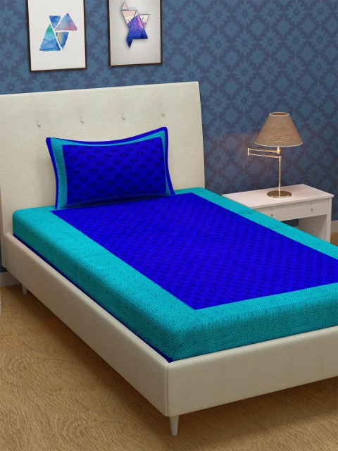 

METRO LIVING Blue & Green Floral 104 TC Cotton Single Bedsheet with 1 Pillow Covers