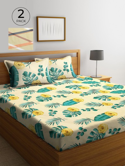 

KLOTTHE Yellow & Green Floral 210 TC 2 King Bedsheet with 4 Pillow Covers