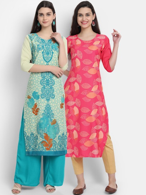 

Ethnic basket Women Pack Of 2 Green & Pink Floral Printed Crepe Kurta