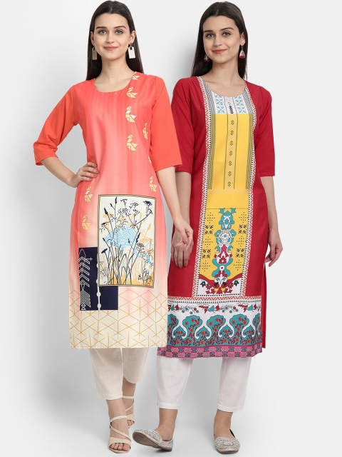 

Ethnic basket Women Pack Of 2 Peach & Red Ethnic Motifs Printed Crepe Kurtas