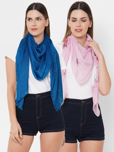 

Get Wrapped Women Pack Of 2 Blue & Pink Sequins & Floral Printed Scarves