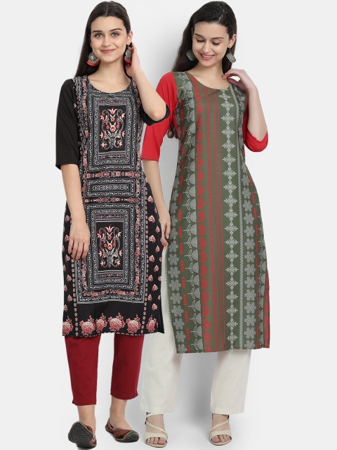 

Ethnic basket Women Crepe Multi Color Digital Ethnic Motif Print Straight Kurta Pack Of 2