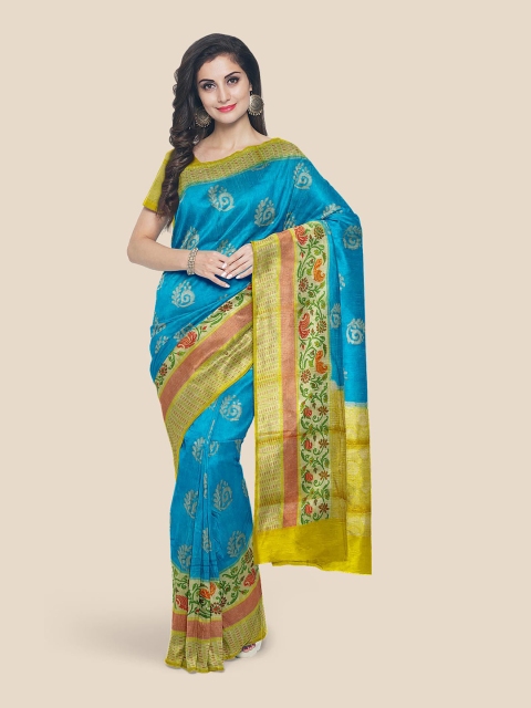 

Kalamandir Turquoise Blue & Green Ethnic Motifs Silk Blend Banarasi Saree