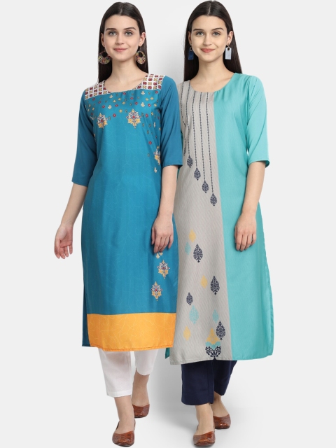 Ethnic Basket Women Pack of 2 Assorted Printed Crepe Kurtas, Multi